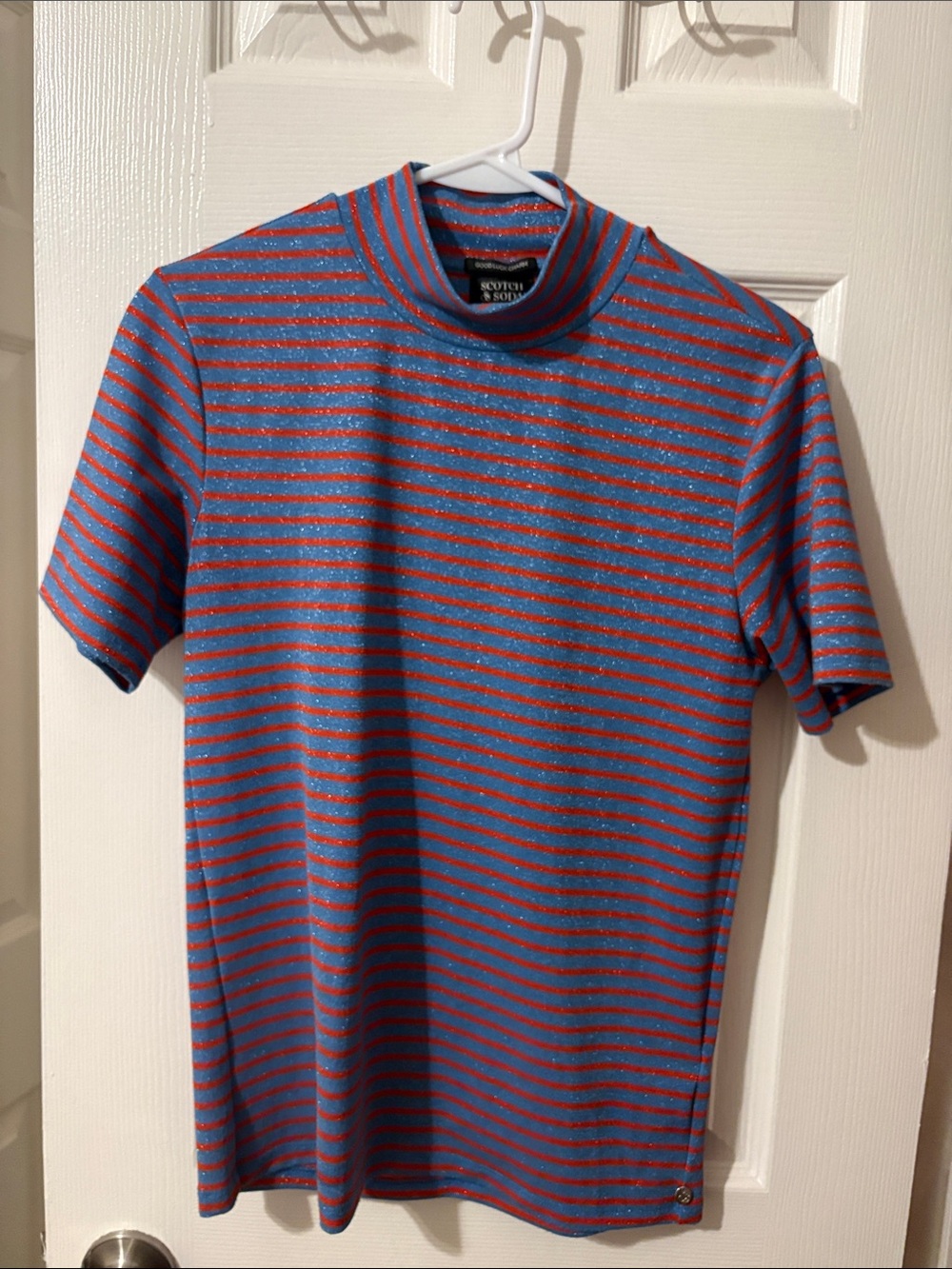 Scotch & Soda Red and Blue Striped Short-Sleeve Mock Neck Tee